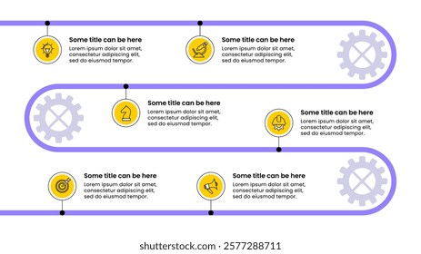 Infographic template with icons and 6 options or steps. Purple line. Can be used for workflow layout, diagram, banner, webdesign. Vector illustration