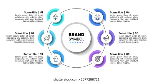 Infographic template with icons and 6 options or steps. Circle. Can be used for workflow layout, diagram, banner, webdesign. Vector illustration