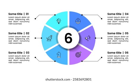 Infographic template with icons and 6 options or steps. Circle. Can be used for workflow layout, diagram, banner, webdesign. Vector illustration