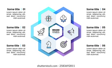 Infographic template with icons and 6 options or steps. Hexagon. Can be used for workflow layout, diagram, banner, webdesign. Vector illustration