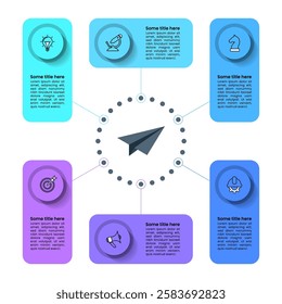 Infographic template with icons and 6 options or steps. Paper plane. Can be used for workflow layout, diagram, banner, webdesign. Vector illustration