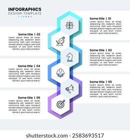 Infographic template with icons and 6 options or steps. Vertical line and hexagons. Can be used for workflow layout, diagram, banner, webdesign. Vector illustration