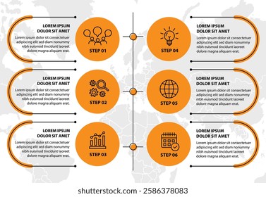 Infographic template with icons and 6 options or 6 steps. Can be used for workflow layout, diagram, timeline, banner, webdesign, business report, presentation. Vector illustration.