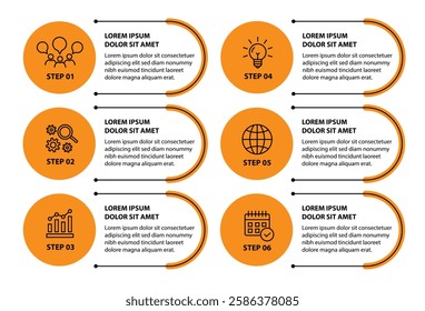 Infographic template with icons and 6 options or 6 steps. Can be used for workflow layout, diagram, timeline, banner, webdesign, business report, presentation. Vector illustration.