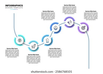 Infographic template with icons and 6 options or steps. Line. Can be used for workflow layout, diagram, banner, webdesign. Vector illustration