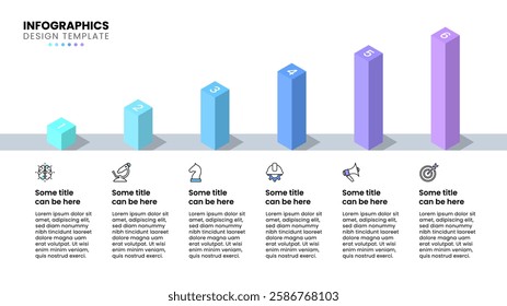 Infographic template with icons and 6 options or steps. Growing columns. Can be used for workflow layout, diagram, banner, webdesign. Vector illustration