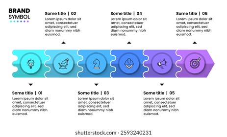 Infographic template with icons and 6 options or steps. Arrow. Can be used for workflow layout, diagram, banner, webdesign. Vector illustration
