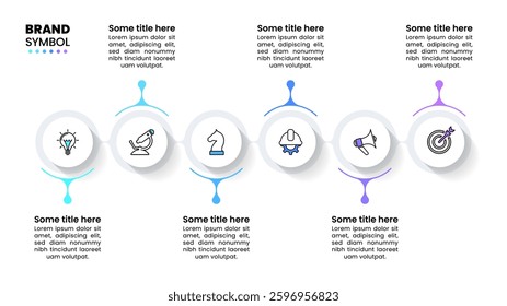 Infographic template with icons and 6 options or steps. Horizontal line. Can be used for workflow layout, diagram, banner, webdesign. Vector illustration