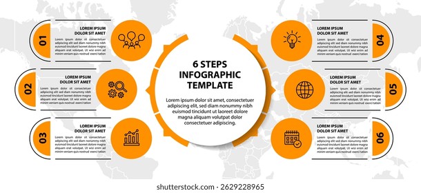 Infographic template with icons and 6 options or 6 steps. Can be used for workflow layout, diagram, timeline, banner, webdesign, business report, presentation. Vector illustration.