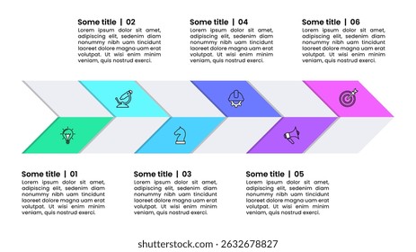 Infographic template with icons and 6 options or steps. Arrow. Can be used for workflow layout, diagram, banner, webdesign. Vector illustration