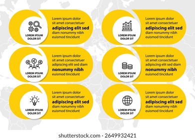 Template infographique avec icônes et 6 options ou 6 étapes. Peut être utilisé pour la mise en page du workflow, le diagramme, la chronologie, la bannière, la conception Web, le rapport d'entreprise, la présentation. Illustration vectorielle.