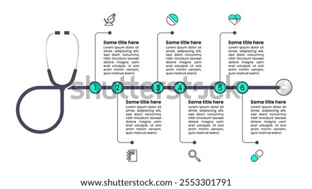 Infographic template with icons and 6 options or steps. Stethoscope. Can be used for workflow layout, diagram, banner, webdesign. Vector illustration