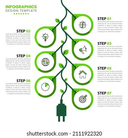 Infographic template with icons and 7 options or steps. Green power. Can be used for workflow layout, diagram, banner, webdesign. Vector illustration