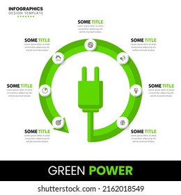 Plantilla de infografía con iconos y 7 opciones o pasos. Energía verde. Se puede utilizar para diseño de flujo de trabajo, diagrama, banner, diseño web. Ilustración del vector