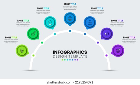 Plantilla de infografía con iconos y 7 opciones o pasos. Se puede utilizar para diseño de flujo de trabajo, diagrama, banner, diseño web. Ilustración del vector