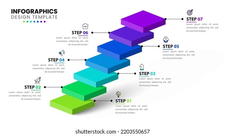 Infographic template with icons and 7 options or steps. Staircase. Can be used for workflow layout, diagram, banner, webdesign. Vector illustration