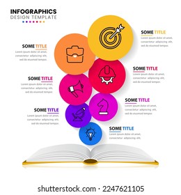 Infographic template with icons and 7 options or steps. Open book. Can be used for workflow layout, diagram, banner, webdesign. Vector illustration