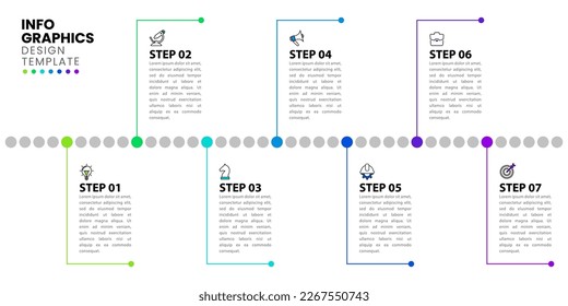 Plantilla de infografía con iconos y 7 opciones o pasos. Línea de tiempo. Se puede utilizar para diseño de flujo de trabajo, diagrama, banner, diseño web. Ilustración del vector