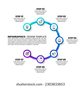 Infographic template with icons and 7 options or steps. Circle. Can be used for workflow layout, diagram, banner, webdesign. Vector illustration