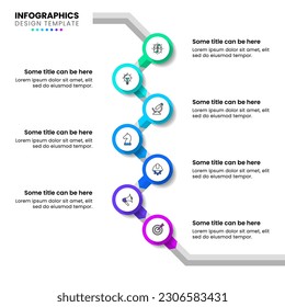 Infographic template with icons and 7 options or steps. Vertical line. Can be used for workflow layout, diagram, banner, webdesign. Vector illustration