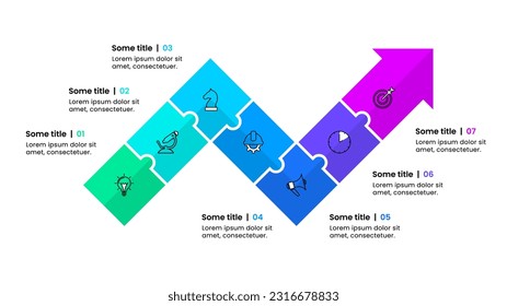 Plantilla de infografía con iconos y 7 opciones o pasos. Flecha. Se puede utilizar para diseño de flujo de trabajo, diagrama, banner, diseño web. Ilustración del vector