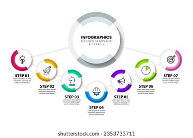 Infografische Vorlage mit Symbolen und 7 Optionen oder Schritten. Kreis. Kann für Workflow-Layout, Diagramm, Banner, Webdesign verwendet werden. Vektorgrafik