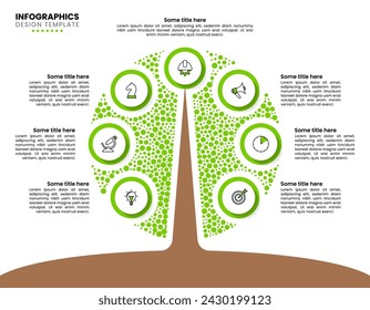 Infografik-Vorlage mit Symbolen und 7 Optionen oder Schritten. Abstrakter Baum. Kann für Workflow-Layout, Diagramm, Banner, Webdesign verwendet werden. Vektorgrafik