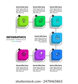 Infografische Vorlage mit Symbolen und 7 Optionen oder Schritten. Isometrische Quadrate. Kann für Workflow-Layout, Diagramm, Banner, Webdesign verwendet werden. Vektorgrafik Illustration 5