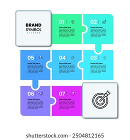 Infografik-Vorlage mit Symbolen und 7 Optionen oder Schritten. Puzzle. Kann für Workflow-Layout, Diagramm, Banner, Webdesign verwendet werden. Vektorgrafik