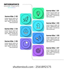 Infographic template with icons and 7 options or steps. Line. Can be used for workflow layout, diagram, banner, webdesign. Vector illustration