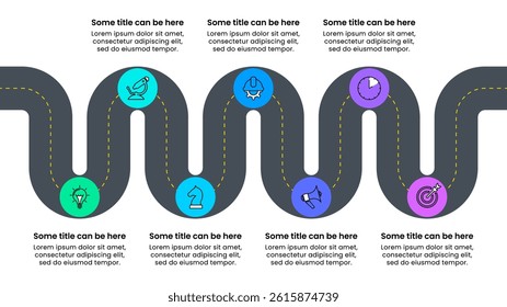 Infographic template with icons and 7 options or steps. Road. Can be used for workflow layout, diagram, banner, webdesign. Vector illustration