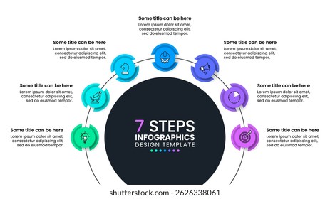 Infographic template with icons and 7 options or steps. Line. Can be used for workflow layout, diagram, banner, webdesign. Vector illustration