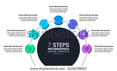 Infographic template with icons and 7 options or steps. Line. Can be used for workflow layout, diagram, banner, webdesign. Vector illustration