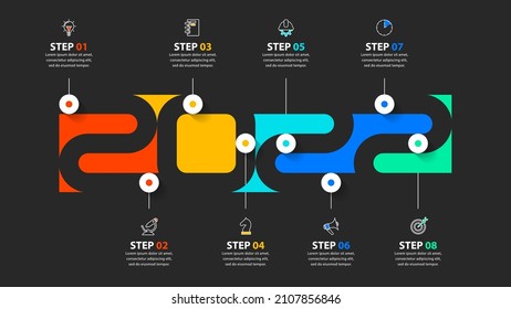 Infographic template with icons and 8 options or steps. 2022 timeline. Can be used for workflow layout, diagram, banner, webdesign. Vector illustration