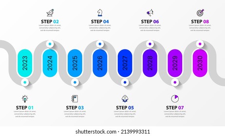 Infographic template with icons and 8 options or steps. Timeline. Can be used for workflow layout, diagram, banner, webdesign. Vector illustration