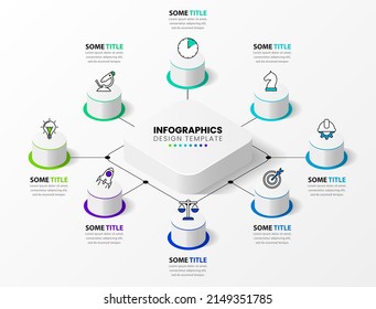 Infographic template with icons and 8 options or steps. Isometric design. Can be used for workflow layout, diagram, banner, webdesign. Vector illustration