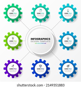 Infographic template with icons and 8 options or steps. Gears. Can be used for workflow layout, diagram, banner, webdesign. Vector illustration