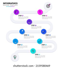 Infographic template with icons and 8 options or steps. Timeline. Can be used for workflow layout, diagram, banner, webdesign. Vector illustration