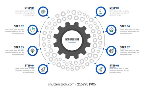 Plantilla de infografía con iconos y 8 opciones o pasos. Engranaje. Se puede utilizar para diseño de flujo de trabajo, diagrama, banner, diseño web. Ilustración del vector