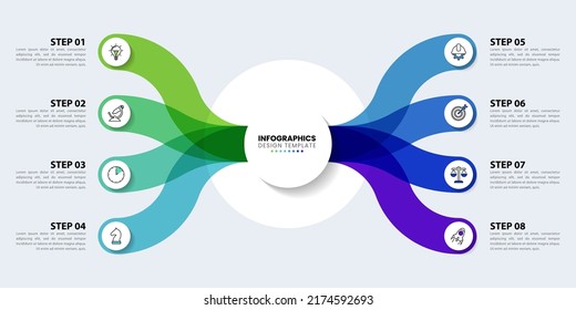 Plantilla de infografía con iconos y 8 opciones o pasos. Se puede utilizar para diseño de flujo de trabajo, diagrama, banner, diseño web. Ilustración del vector