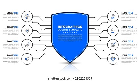 Infographic template with icons and 8 options or steps. Shield. Can be used for workflow layout, diagram, banner, webdesign. Vector illustration