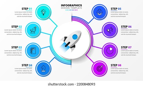 Infographic template with icons and 8 options or steps. Rocket. Can be used for workflow layout, diagram, banner, webdesign. Vector illustration