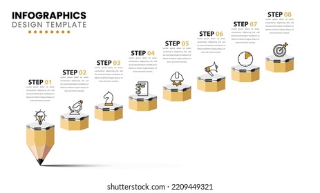 Infographic template with icons and 8 options or steps. Pencil. Can be used for workflow layout, diagram, banner, webdesign. Vector illustration
