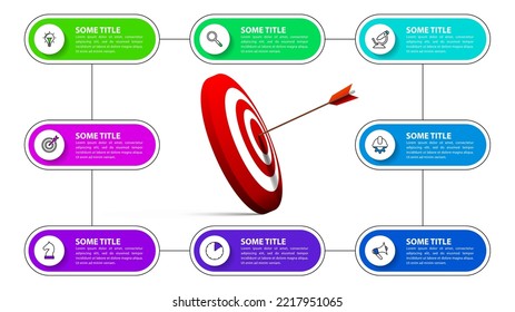 Infographic template with icons and 8 options or steps. Dartboard. Can be used for workflow layout, diagram, banner, webdesign. Vector illustration