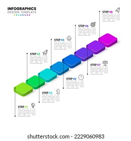 Infografische Vorlage mit Symbolen und 8 Optionen oder Schritten. Kann für Workflow-Layout, Diagramm, Banner, Webdesign verwendet werden. Vektorgrafik