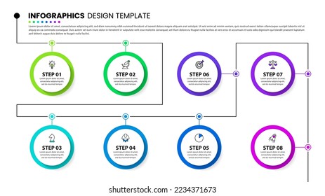 Infographic template with icons and 8 options or steps. Timeline. Can be used for workflow layout, diagram, banner, webdesign. Vector illustration