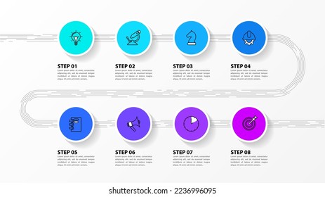 Infographic template with icons and 8 options or steps. Line. Can be used for workflow layout, diagram, banner, webdesign. Vector illustration