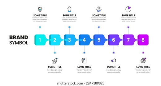 Infographic template with icons and 8 options or steps. Squares. Can be used for workflow layout, diagram, banner, webdesign. Vector illustration
