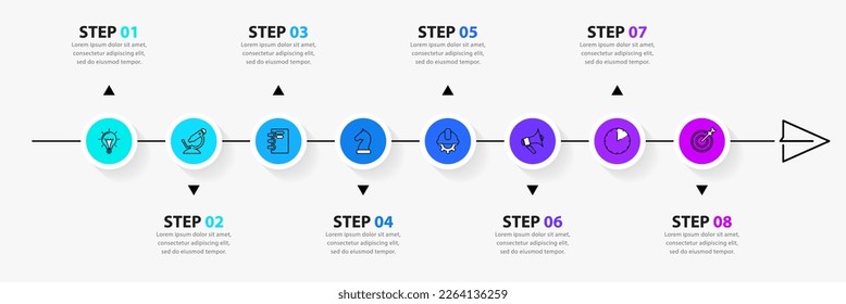 Infographic template with icons and 8 options or steps. Timeline. Can be used for workflow layout, diagram, banner, webdesign. Vector illustration