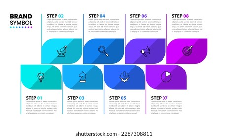 Infographic template with icons and 8 options or steps. Horizontal line. Can be used for workflow layout, diagram, banner, webdesign. Vector illustration